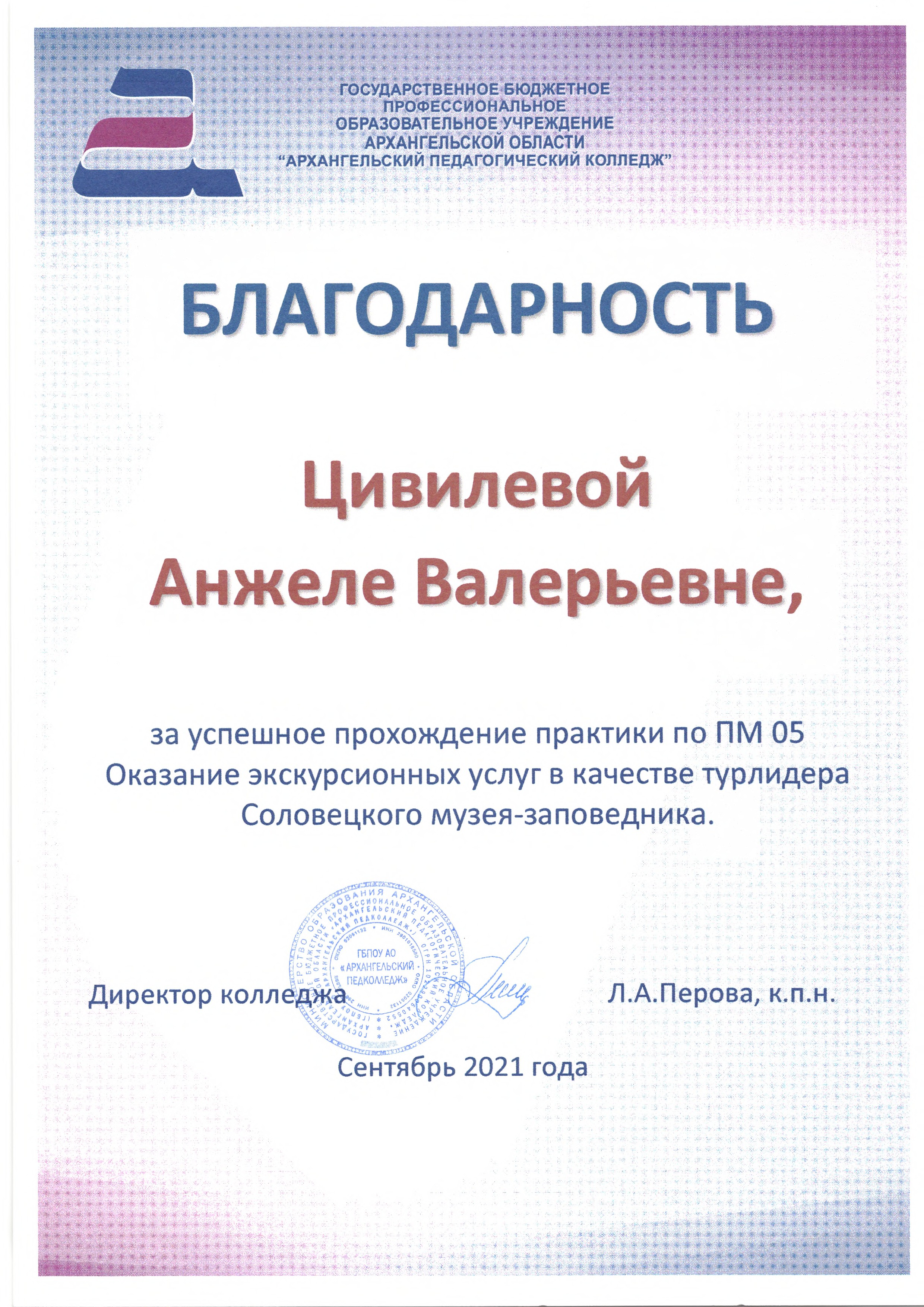 Благодарность Цивилевой Анжеле за успешное прохождение практики