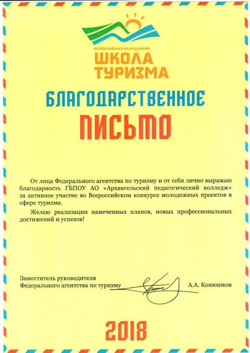 Благодарственное письмо колледжу за активное участие во Всероссийском конкурсе молодежных проектов с сфере туризма